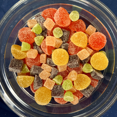 bowl of gummies mixed colors